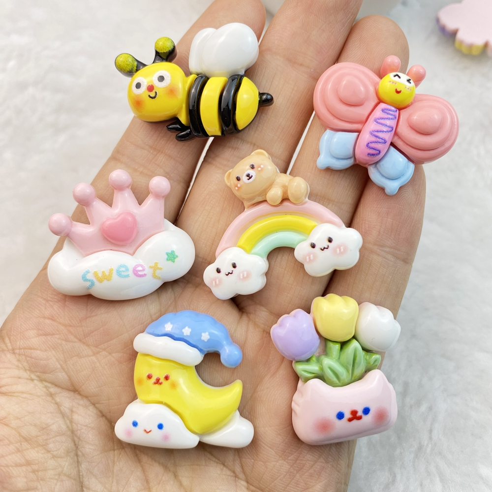 10 การ์ตูนผึ้งน่ารัก, สายรุ้ง, ผีเสื้อ, ดวงจันทร์ ด้านหลังแบน เรซิน สมุดภาพ DIY เครื่องประดับ งานฝีมือ ตกแต่ง อุปกรณ์เสริม