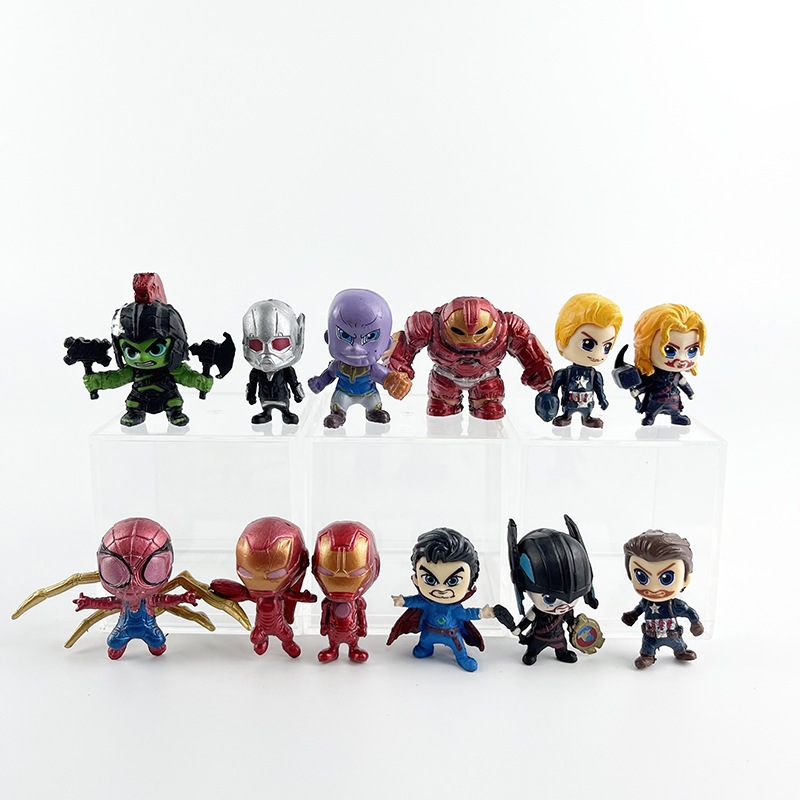 โมเดลฟิกเกอร์ PVC รูป Marvel The Avengers Iron Man Hulk Buster Spider-Man Thanos Ant-Man Thor Q Version ขนาดเล็ก ของเล่นสําหรับเด็ก 12 ชิ้น ต่อชุด