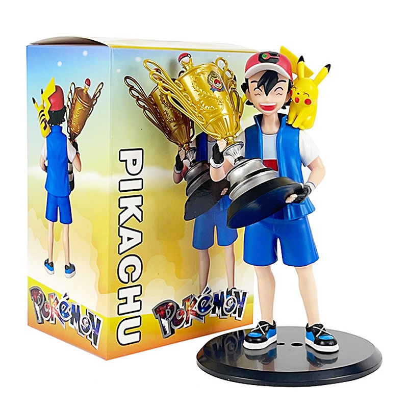 18.5 ซม.อะนิเมะรูป Pallet Town Ash Ketchum Pikachu Champion Trophy Pocket Monster Trainer PVC Action Figures รูปปั้นเดสก์ท็อปตุ๊กตาของเล่น