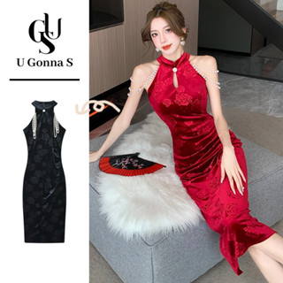 U Gonna S ชุดเดรสกี่เพ้ายาว แขนกุด คอจีน เอวสูง เข้ารูป หรูห…