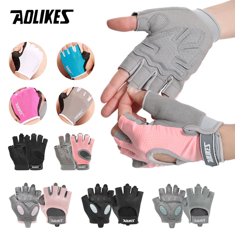 Aolikes 1 คู่ คุณภาพสูง กันลื่น ถุงมือยิม ไร้นิ้ว ผู้หญิง ผู้ชาย ถุงมือยิม สําหรับโยคะ ยิม ขี่จักรยาน