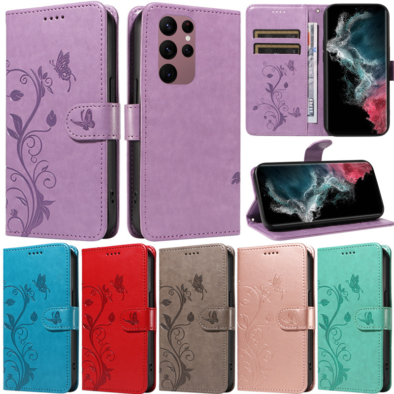 เคสโทรศัพท์หนัง Pu นิ่ม ฝาพับ ลายผีเสื้อ ดอกไม้ พร้อมช่องใส่บัตร หรูหรา สําหรับ Samsung Galaxy S23+ S23 Plus S24 Ultra S23 FE S24 Plus S21 FE 5G