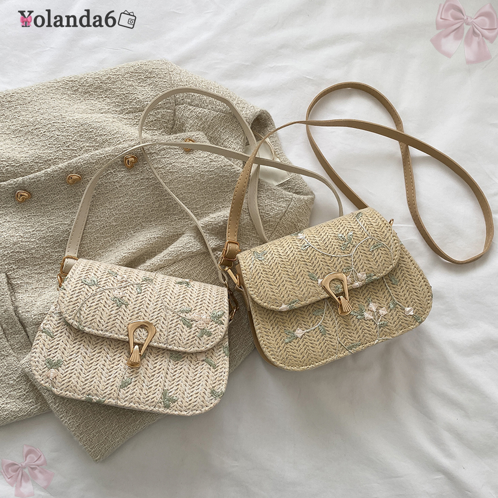 🎀Yolanda6🎀กระเป๋าสะพายไหล่ สะพายข้าง ฟางสาน พิมพ์ลายลูกไม้ ดอกไม้ เหมาะกับเดินชายหาด แฟชั่นฤดูร้อน สําหรับผู้หญิง
