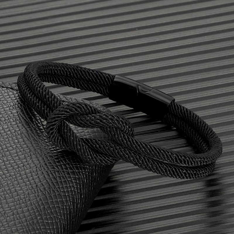 Mkendn ผู้ชาย Casual Double-layer Knotted เชือกสีดําสร้อยข้อมือผู้หญิงสแตนเลสสีดํา Silder แม่เหล็กหัวเข็มขัด Infinity สร้อยข้อมือคู่เครื่องประดับ