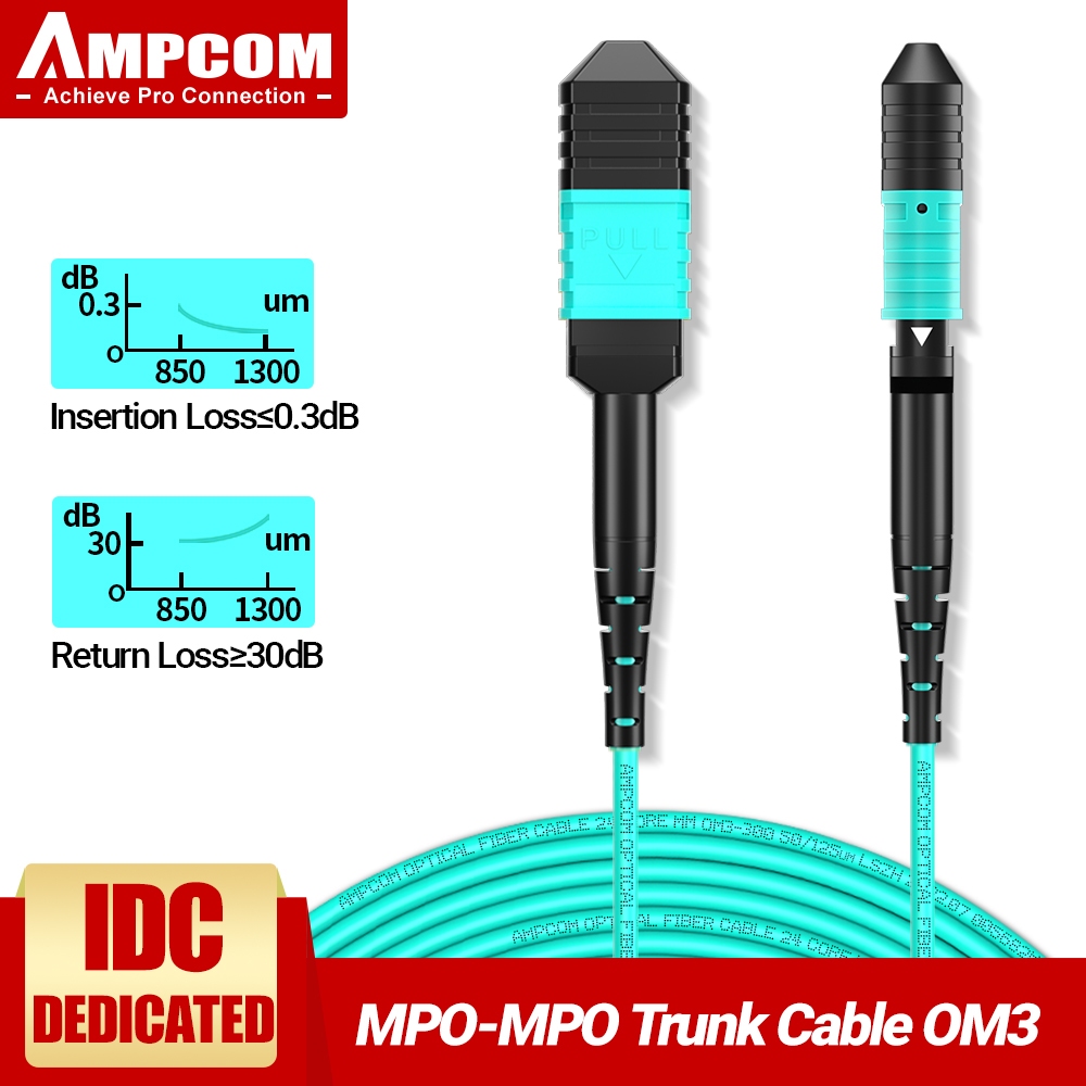 AMPCOM สาย MPO ถึง MPO ประเภท B ไฟเบอร์ OM3 มัลติโหมด 8/12/24 แกน สายตัวกลางสำหรับ 10G QSFP+ และ 100