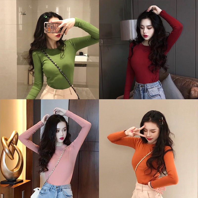 [TESN] เสื้อแขนยาวผู้หญิง เสื้อยืดลําลอง แขนยาวผ้าไหมพรม ผ้านิ่มใส่สบายคอกลม สีพื้น สําหรับสตรี OOQ