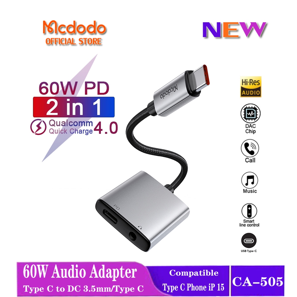 Mcdodo อะแดปเตอร์เสียง 60W PD 2 in 1 (รองรับไมโครโฟนเกมมิ่ง) Type C เป็น DC 3.5 มม. Type C สําหรับ iP 15 Pro Max Type C Android Phones CA-505