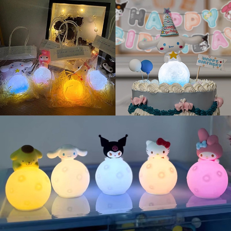 โคมไฟกลางคืน รูปการ์ตูนอนิเมะ Sanrio Cinnamoroll Pachacco Kuromi Moon Hello Kitty Melody สําหรับตกแต่งเค้ก ตั้งโต๊ะ DIY