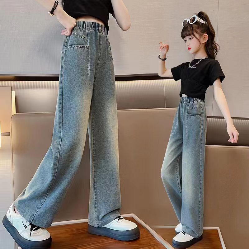 พร้อมส่ง กางเกงยีนขากว้าง สไตล์เกาหลี เรโทร สีฟ้า สําหรับเด็กผู้หญิง