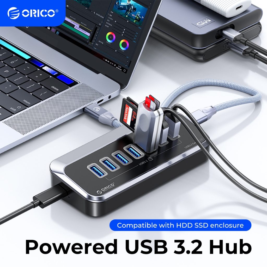 Orico USB Hub USB 3.0 7 พอร์ตความเร็วสูง 5Gbps Extension Hub ประเภท C ถึง USB 3.0 Hub Splitter 12V 1