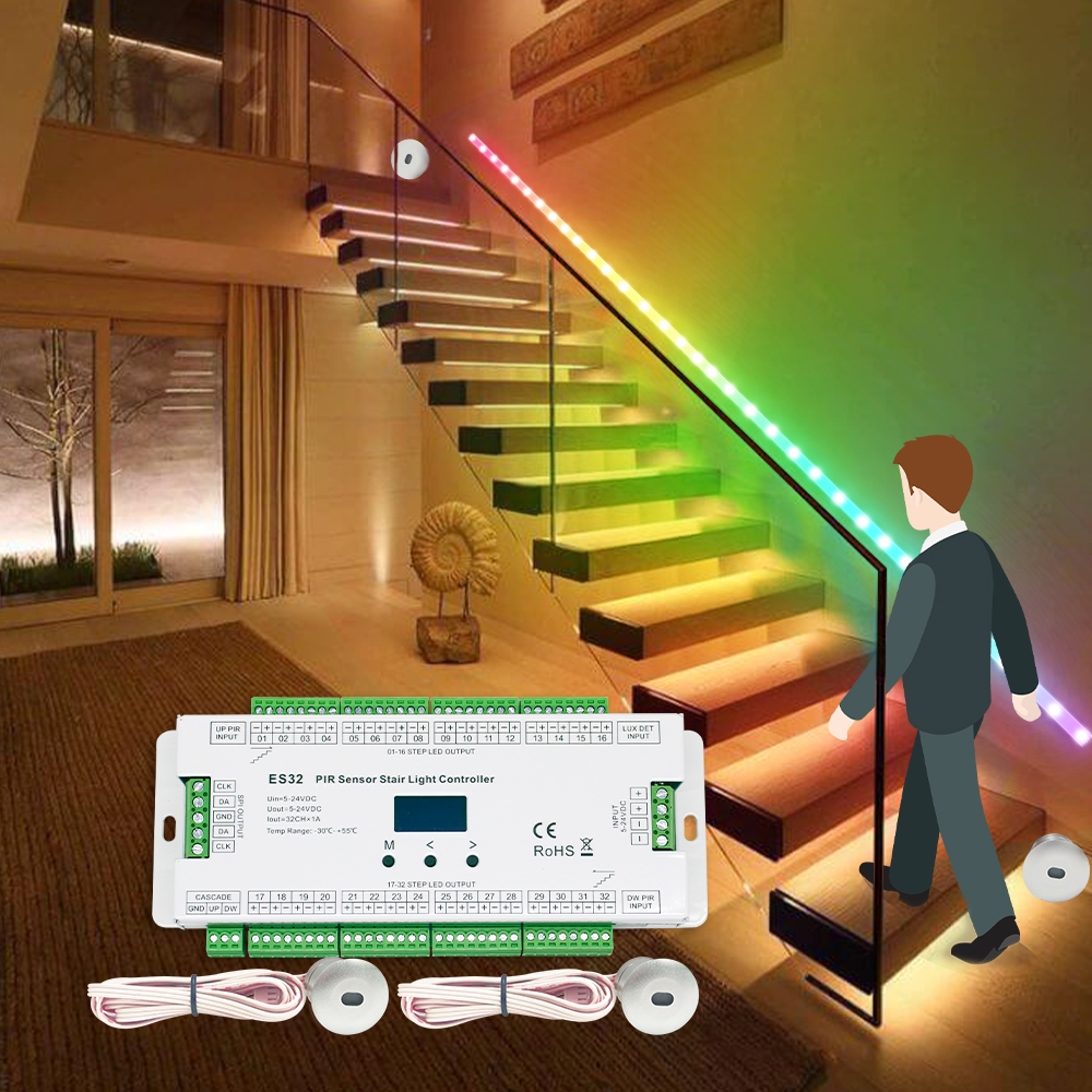 Pir ตัวควบคุมไฟเซนเซอร์ตรวจจับการเคลื่อนไหว ES32 12V 24V RGB พิกเซล 5 เมตร สําหรับบันได