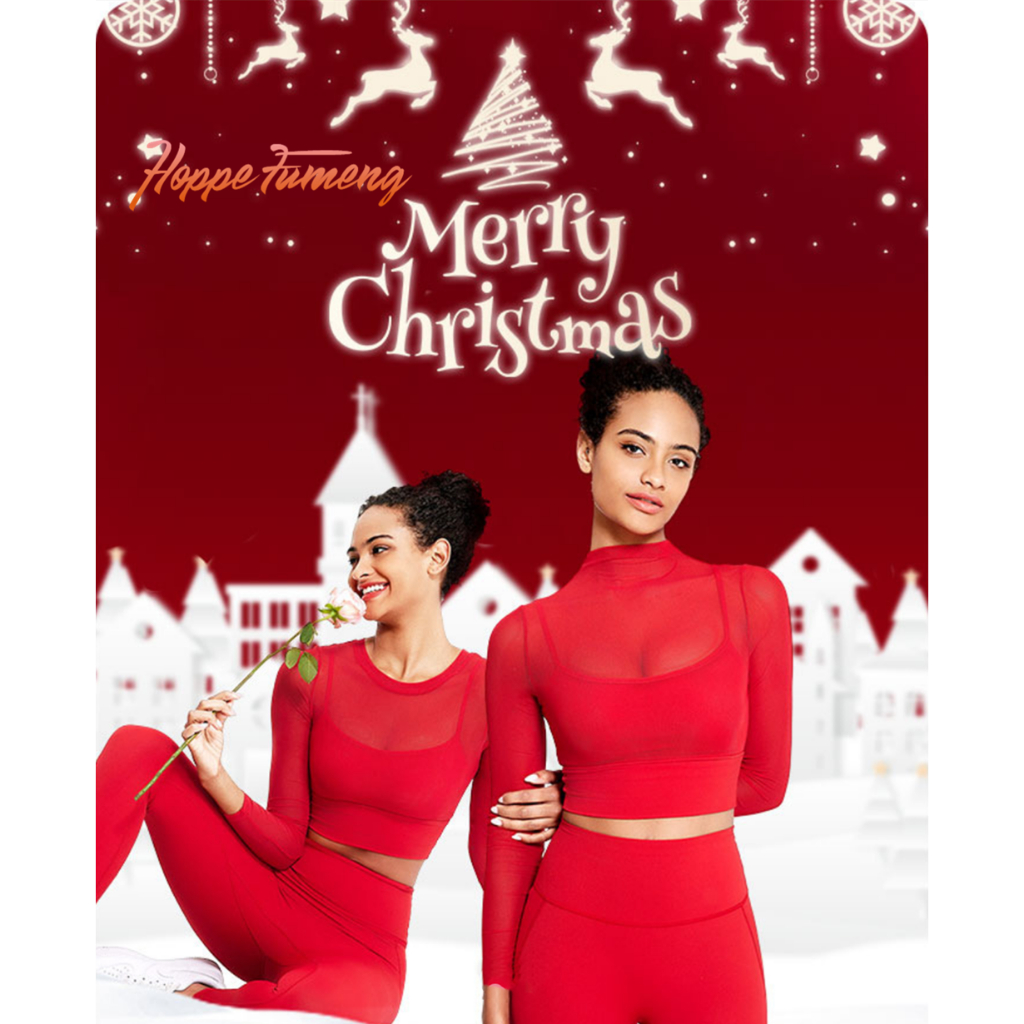 ชุดเสื้อผ้า ลาย Hoppe Fumeng Merry Christmas สีแดง สําหรับผู้หญิง ใส่เล่นโยคะ