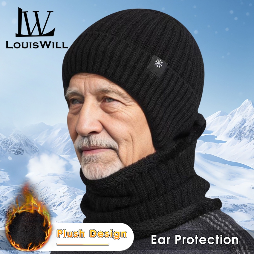 Louiswill 2 IN 1 หมวกบีนนี่ ผ้าพันคอ ผ้าขนสัตว์ถัก หนา ป้องกันหู ให้ความอบอุ่น แฟชั่นฤดูหนาว สําหรับปีนเขา เล่นสกี
