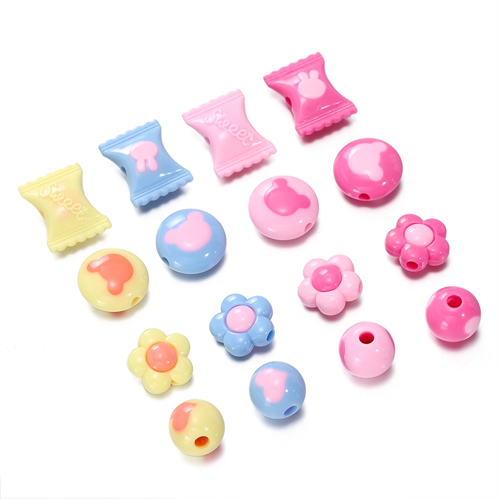 ST.KUNKKA 5 ชิ้น ลูกปัดอะคริลิคคละสี ลูกอมรัก หัวหมี ลูกปัดดอกไม้กลมแบน สำหรับ DIY สร้อยคอสร้อยข้อมือลูกปัด