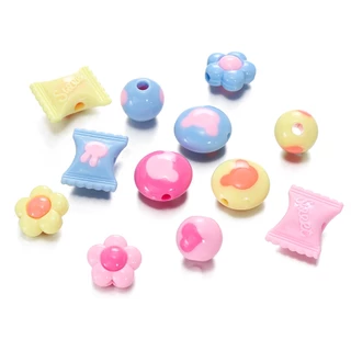 ST.KUNKKA 5 ชิ้น ลูกปัดอะคริลิคคละสี ลูกอมรัก หัวหมี ลูกปัดดอกไม้กลมแบน สำหรับ DIY สร้อยคอสร้อยข้อมือลูกปัด