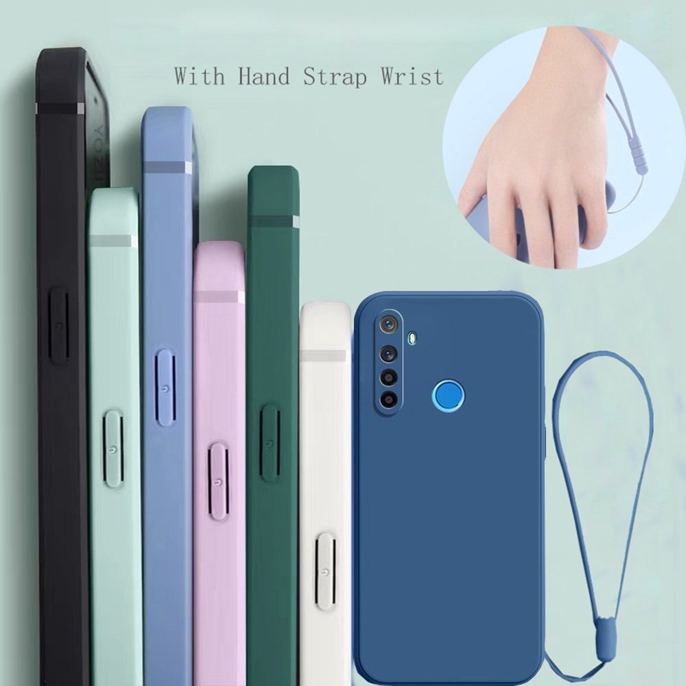 Realme 5 5i 5S C3 6 Pro XT GT C17 กันชนสี่เหลี่ยมเคส TPU แบบนุ่มพร้อมสายคล้องข้อมือ Lanyard