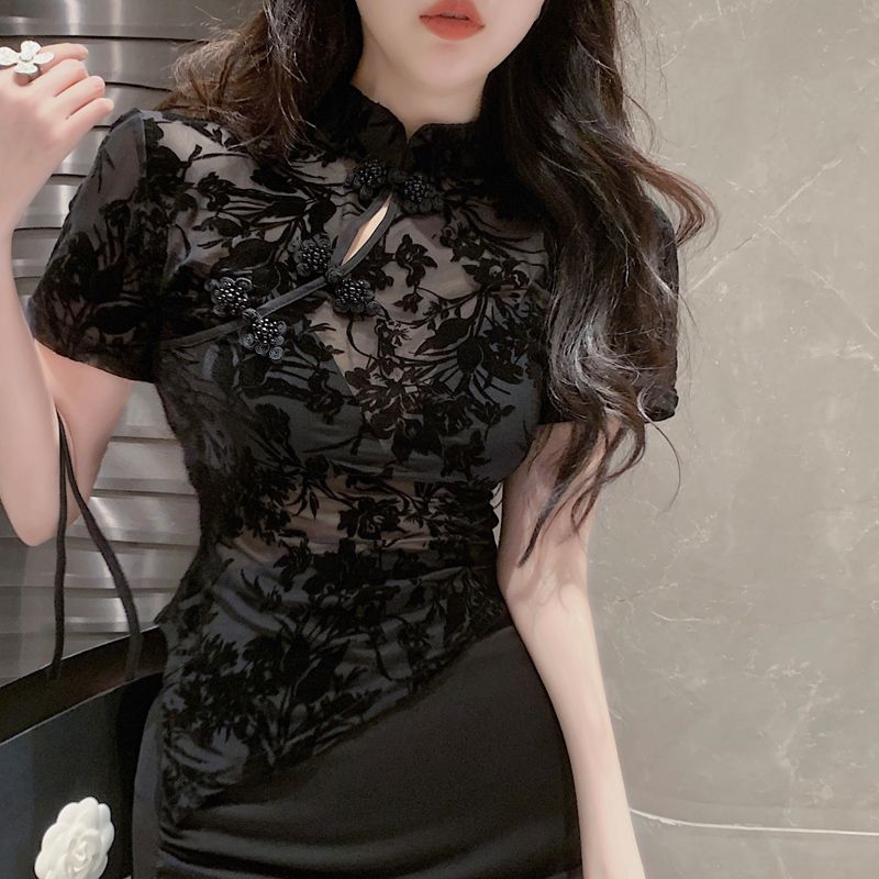เสื้อเชิ้ตลูกไม้ สีดํา ผู้หญิง ออกแบบเฉพาะ สั้น เข้ารูป หัวเข็มขัด ใหม่ สไตล์จีน เสื้อ