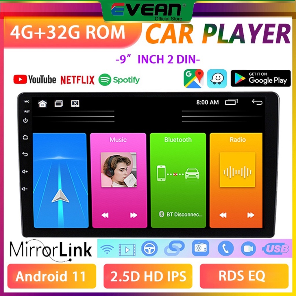 4GB RAM 32GB ROM 2din จอ 9 นิ้ว android รถยนต์ รถวิทยุสเตอริโอบลูทูธเครื่องเล่นวิดีโอมัลติมีเดีย Universal HD/IPS/RDS/EQ