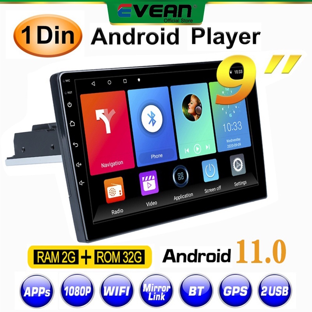 [2G RAM + 32G ROM] สากล 9 นิ้ว 1 DIN Android 11.0 รถวิทยุสเตอริโอเครื่องเล่น GPS Wifi Bluetooth