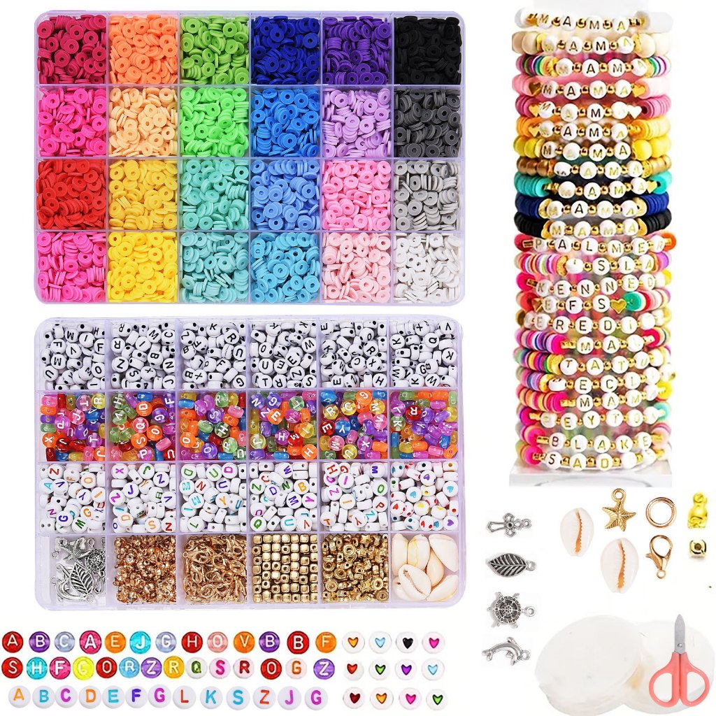 ลูกปัดดินโพลิเมอร์ ทรงกลมแบน ลายตัวอักษร สีดํา และสีขาว 6 มม. 24 สี สําหรับทําสร้อยข้อมือ 7200 ลูกปัดดินเหนียว