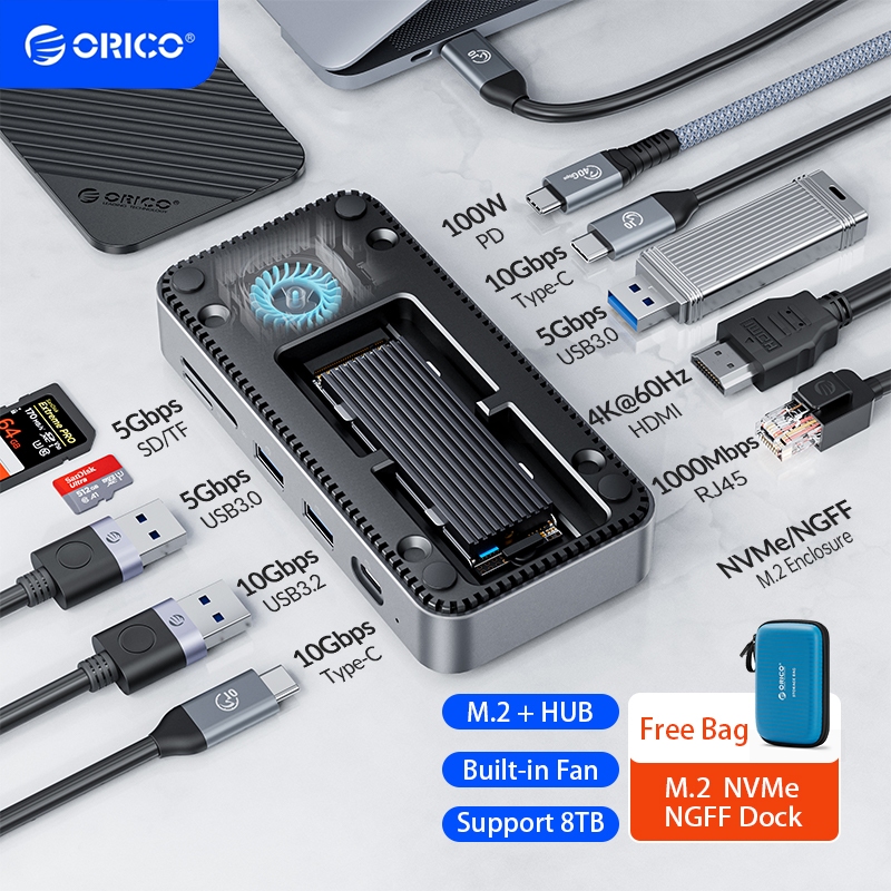 Orico SSD Enclosure M.2 NVMe/NGFF Docking Station USB C Type C พร้อมพัดลมระบายความร้อนพอร์ตเครือข่าย Gigabit (DPM2P9)