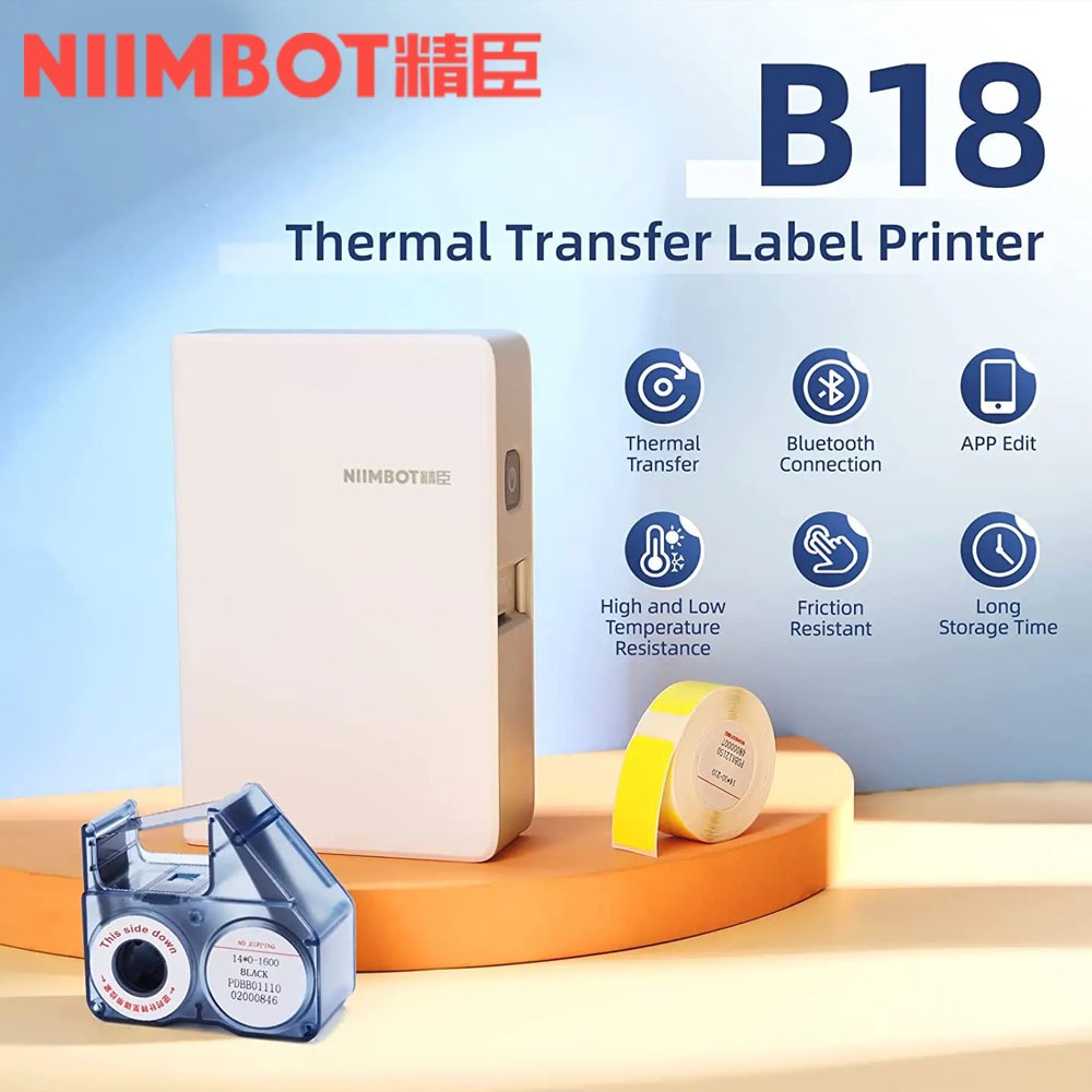 Niimbot B18 เครื่องปริ้นท์ฉลาก แบบพกพา พร้อมตลับริบบิ้น สีดํา และฉลากสีขาว รองรับเครื่องพิมพ์ฉลาก หล
