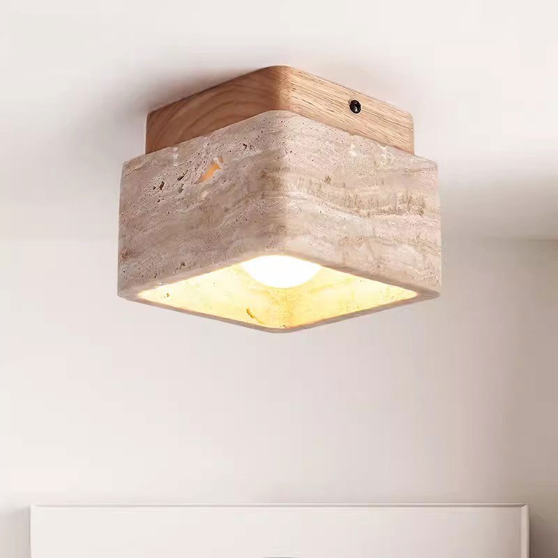 สีเหลืองหินอ ่ อนสแควร ์ E27 โคมไฟเพดาน Nordic Art ร ้ านอาหารสีเหลือง Travertine โคมไฟทางเดินห ้ องโถง Entrance ตกแต ่ งทางเดินโคมไฟเพดาน