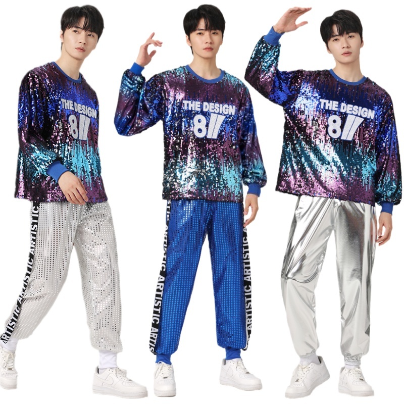 เสื้อยืดแขนยาว ประดับเลื่อมแวววาว และกางเกง สีเงิน สไตล์ฮิปฮอป เครื่องแต่งกายเต้นแจ๊ส สําหรับผู้ชาย