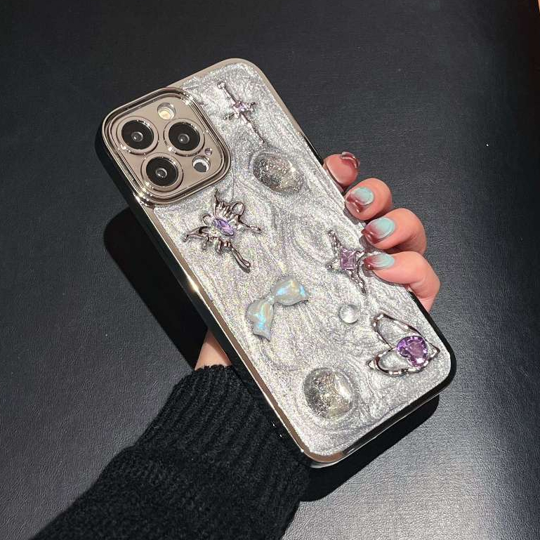 เคสโทรศัพท์มือถือแบบนิ่ม กันกระแทก ลายหัวใจ 3D สีเงิน สําหรับ iPhone15 14 13 12 Pro Max XS Max XR 15 Plus 13pro