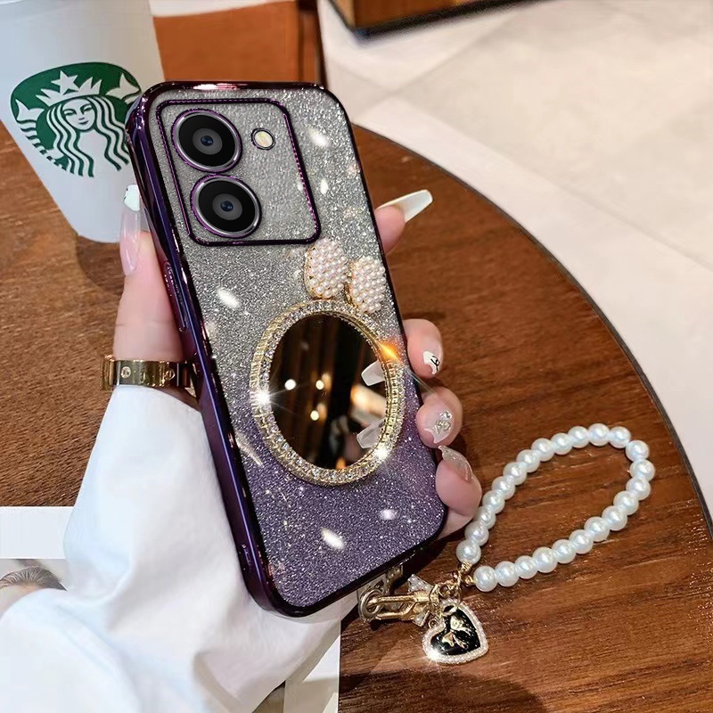 เคส VIVO V40 Pro Y28S Y18 Y100 Y03T V30 Pro Y17S Y27 Y36 5G Y35 Y22S Y02A Y02T Y02S Y16 Y27S เคสโทรศัพท์มือถือ พร้อมกระจก และสายคล้อง สําหรับ