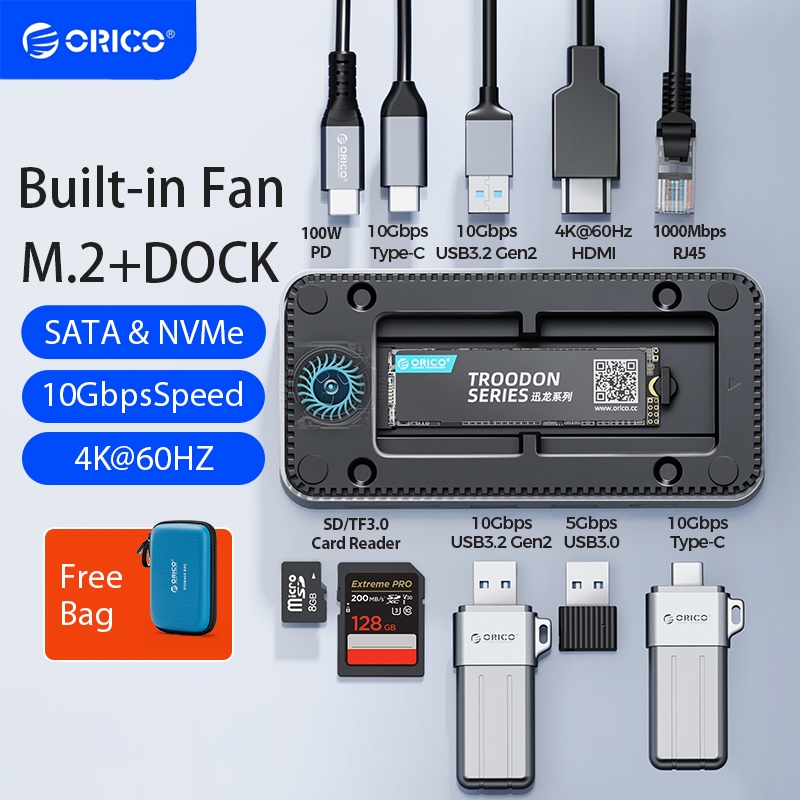 Orico อัพเกรด USB C HUB M.2 NVMe SATA SSD Enclosure พัดลมระบายความร้อนภายนอกประเภท C USB 3.2 10Gbps 4K 60Hz HDMI RJ45 SD/TF สําหรับ SATA/NVMe SSD Macbook Huawei (DPM2P9-V1)