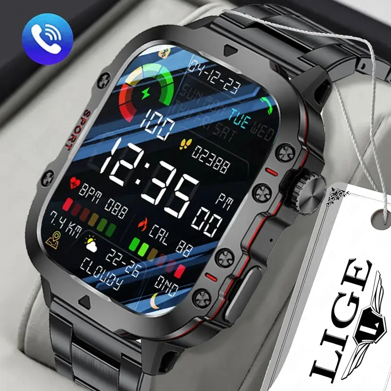 Lige Smartwatch ใหม่ นาฬิกาข้อมือสมาร์ทวอทช์ นาฬิกาผู้ชาย เชื่อมต่อบลูทูธ หน้าจอ 1.96 นิ้ว กันน้ํา สําหรับ Android iOS