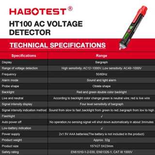 【จัดส่งจากกรุงเทพ】HABOTEST HT100 ปากกาทดสอบแรงดันไฟฟ้า AC 12V-1000V/48V-1000V ทดสอบแรงดันไฟฟ้า เครื่องทดสอบแรงดันไฟฟ้า ดิจิตอล LCD ที่ไม่ใช่ เครื่องตรวจจับ การติดต่อมีการแจ้งเตือ นด้วยเสียงและไฟ