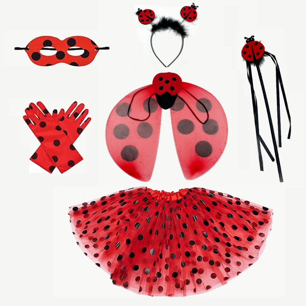 เด ็ ก Ladybug Bee ผีเสื ้ อเครื ่ องแต ่ งกาย Ladybug ปีก Tutu กระโปรง Ladybug แถบคาดศีรษะถุงมือ Eye Mask เหมาะสําหรับ Stage Performance, Ladybug Theme Party