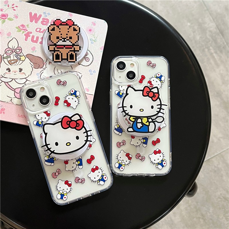 IPhone 17 16 15 Pro max 14 PRO MAX 15 ลายคิตตี้ วัสดุอะคริลิค โปร่งใส เคสโทรศัพท์แม่เหล็ก + ที่ยึดแม่เหล็ก