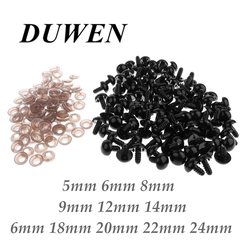 DUWEN 10pcs 5-24mm ตานิรภัยพลาสติกสีดำ Amigurumi Soft Toy ตุ๊กตาหมี DIY Craft
