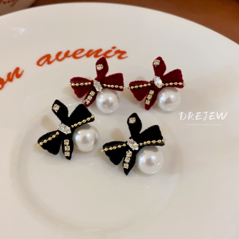 DREJEW  ใหม่ ต่างหูเข็มเงิน 925 ประดับโบว์ ไข่มุก เหมาะกับฤดูใบไม้ร่วง และฤดูหนาว แฟชั่น สําหรับผู้หญิง