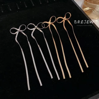 DREJEW ใหม่ ต่างหูเข็มเงิน 925 ประดับโบว์ยาว ใช้แล้วไม่แพ้ เรียบง่าย