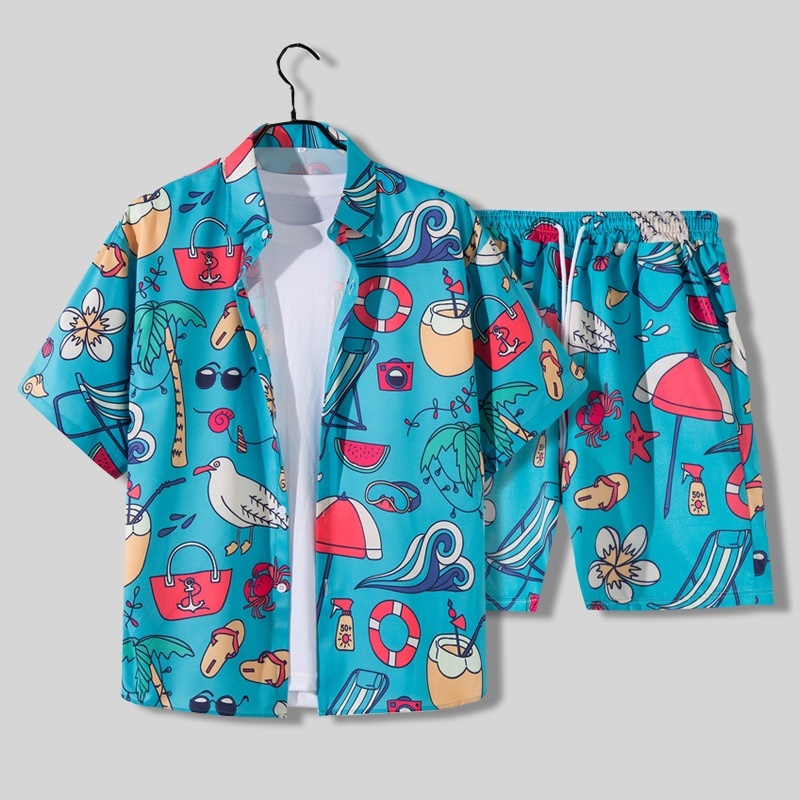 เสื้อเชิ้ตแขนสั้น และกางเกงฮาวาย ทรงหลวม ลายดอกไม้ สไตล์ฮาวาย เหมาะกับเดินชายหาด สําหรับผู้ชาย รุ่น 2115