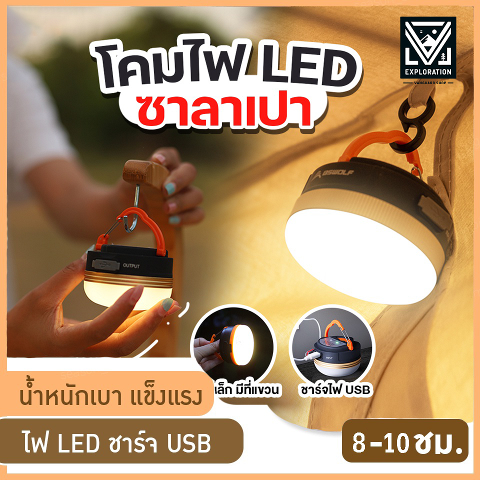 ไฟซาลาเปา เต้นท์ โคมไฟ ทรง แคมป์ปิ้ง แข็งแรง ทนทาน ชาร์จ USB แสง LED ปรับระดับได้ พกพา แบบ 1800 mAh สีวอร์มไวท์ สามารถปรับได้3 โหมด