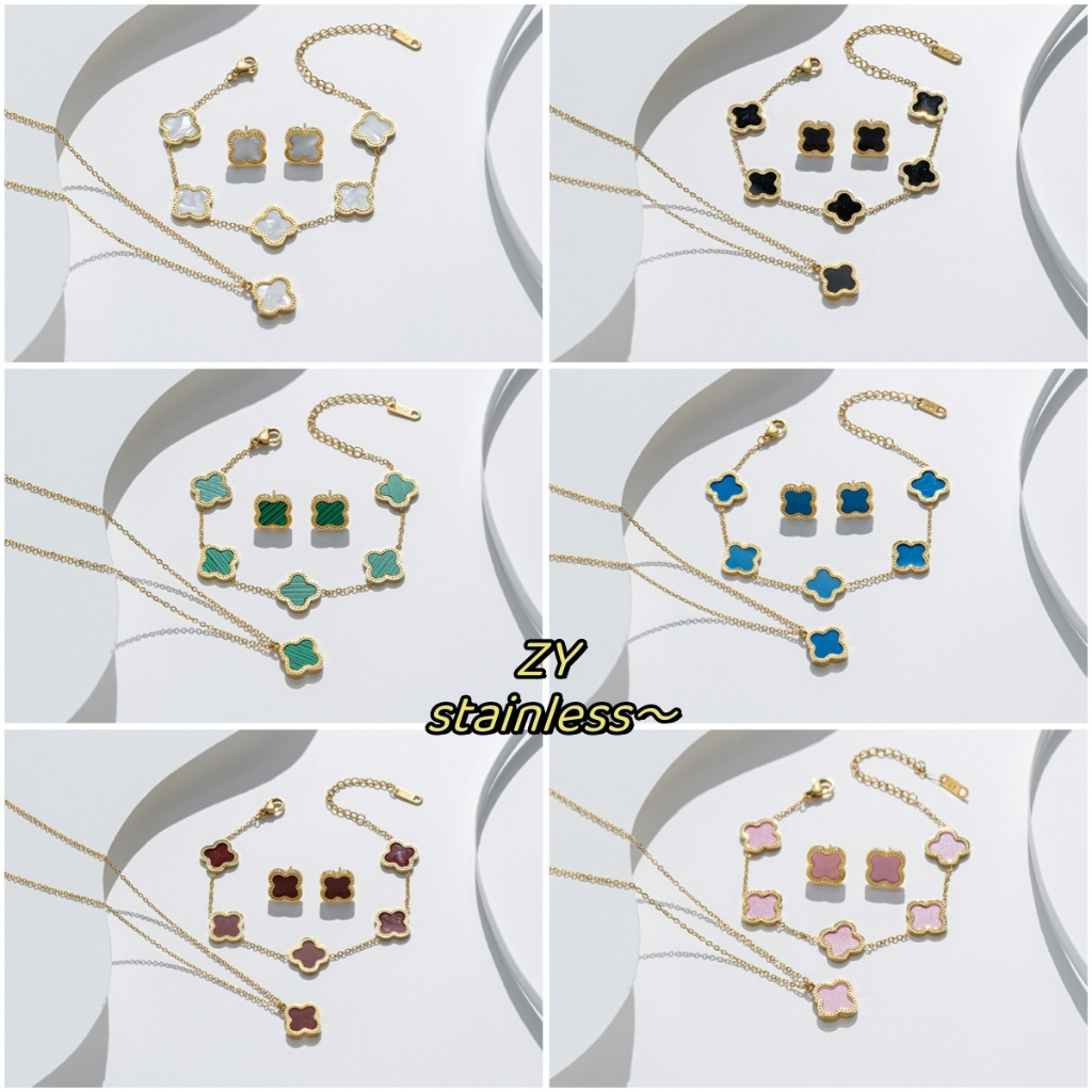 Lucky ชุดเครื่องประดับ สร้อยคอ สร้อยข้อมือ สเตนเลส ไทเทเนียม จี้ใบโคลเวอร์สี่แฉก ไม่จางหาย สําหรับผู้หญิง