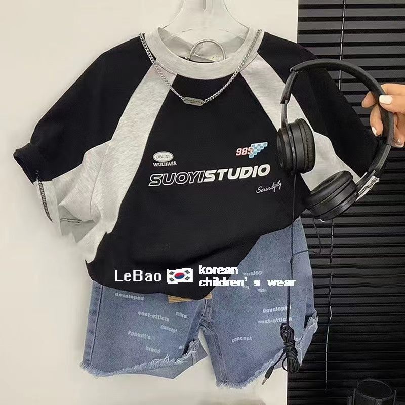เสื้อยืดแขนสั้น ผ้าฝ้ายแท้ พิมพ์ลายตัวอักษร ทรงหลวม สไตล์เกาหลี ตะวันตก สําหรับเด็กผู้ชาย