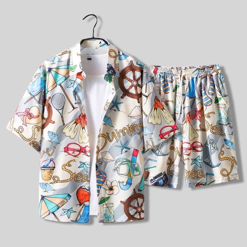 ชุดเสื้อเชิ้ตแขนห้าส่วนลําลอง ทรงหลวม ลายดอกไม้ เหมาะกับเดินชายหาด สไตล์ฮาวาย สําหรับผู้ชาย รุ่น 2102