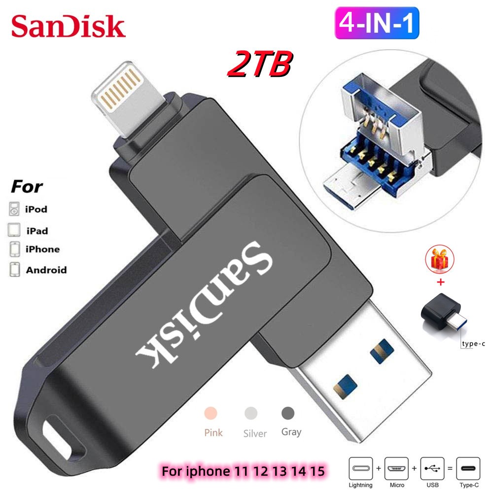 แฟลชไดรฟ์ 2TB USB3.0 4 in 1 โลหะ Otg Pendrive 1TB 512GB 256GB 128GB U Disk สําหรับ iP ho ne Android อุปกรณ์จัดเก็บข้อมูลภายนอก