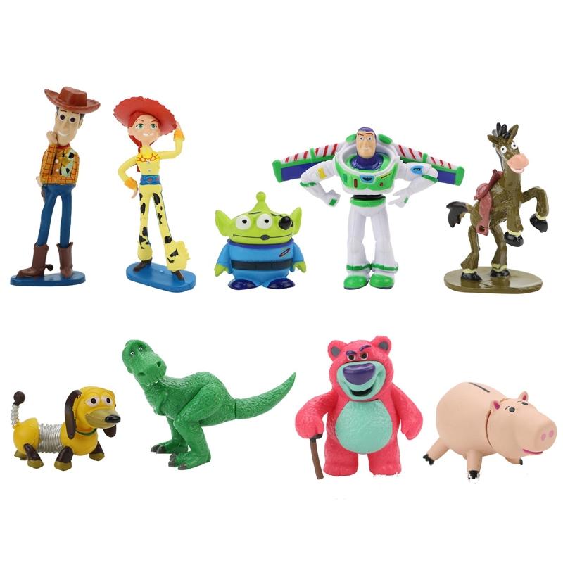 9 ชิ้น/เซ็ต 5-10 ซม.Toy Story การ์ตูนอะนิเมะรูป Woody Buzz Lightyear Jessie Rex Aliens Hamm Slinky สุนัขLotso รุ่น Q PVC ตัวเลขการกระทําตุ๊กตาของเล่น