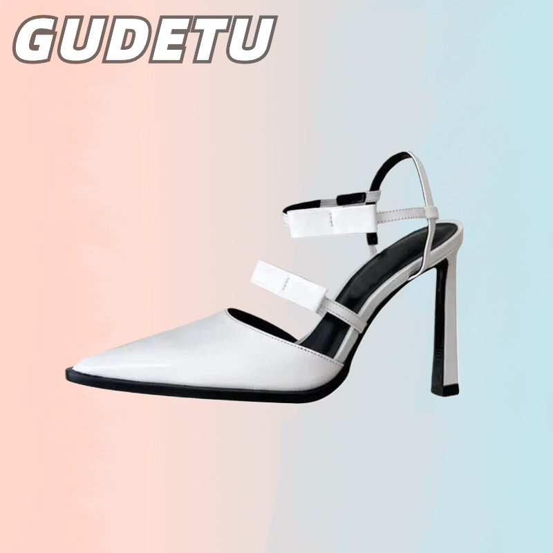GUDETU.PLUS.รองเท้าส้นสูง หนังนิ่ม หัวแหลม ประดับโบว์ สีขาว สีดํา สไตล์แฟรี่ สําหรับผู้หญิง