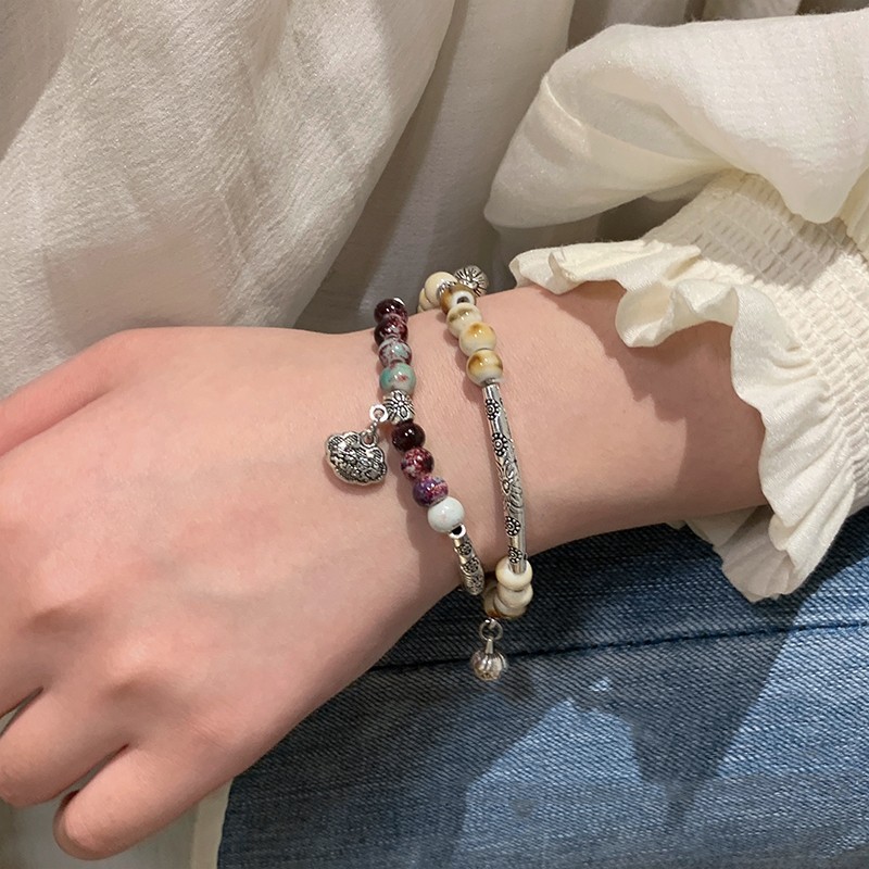 สร้อยข้อมือ ประดับลูกปัดเซรามิค แฮนด์เมด สไตล์ชนเผ่าเรโทร