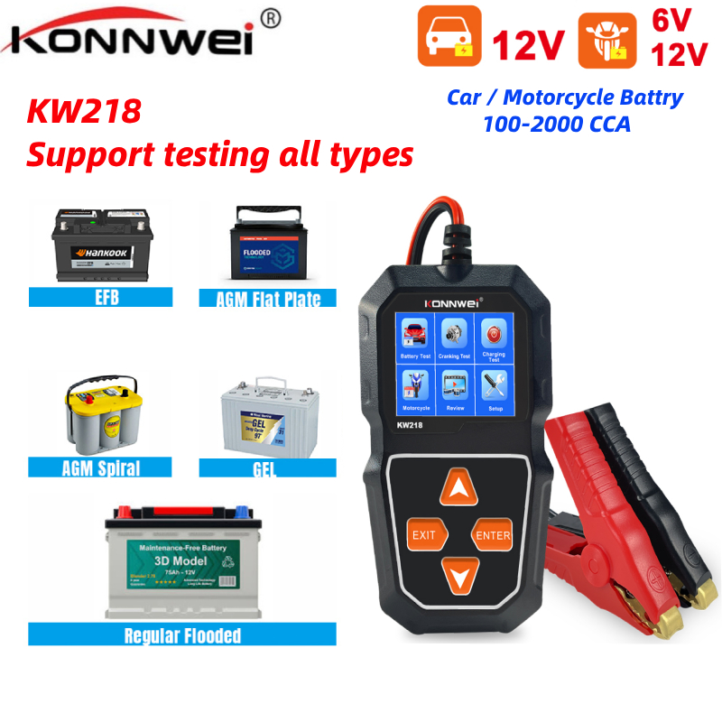 Konnwei KW218 เครื่องสแกนเนอร์ทดสอบแบตเตอรี่รถยนต์ รถจักรยานยนต์ 6V 12V PK KW650