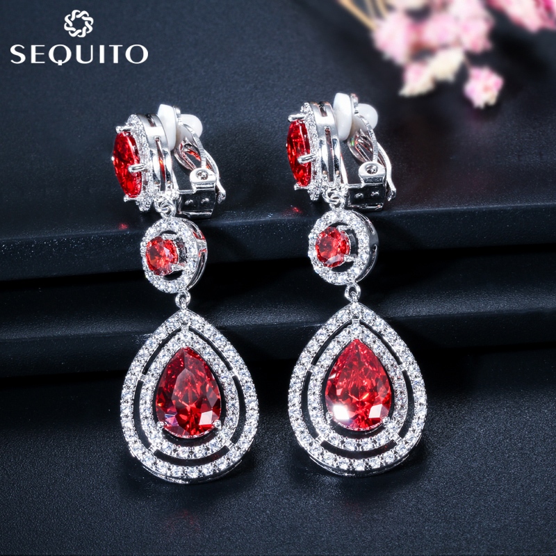 SEQUITO Brilliant Ruby Red Cubic Zirconia เครื่องแต่งกายงานแต่งงานเครื่องประดับยาว Water Drop คลิปบนต่างหูโดยไม่ต้องเจาะหูคลิป E452