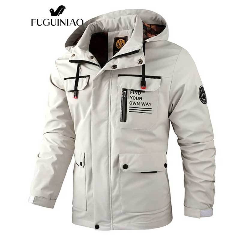 Fuguiniao เสื้อแจ็กเก็ต มีฮู้ด กันน้ํา แฟชั่นฤดูใบไม้ผลิ และฤดูใบไม้ร่วง สําหรับผู้ชาย